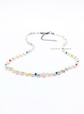 张艺兴街舞国潮同款淡水珍珠彩珠项链精工可爱轻奢潮锁骨链嘻哈