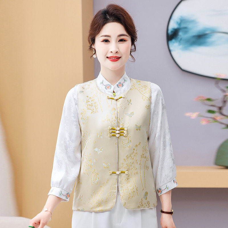 新中式国风马夹外套2025新款缎面盘扣妈妈唐装马甲背心外穿显年轻,淘宝优惠券,粉丝福利购,淘宝优惠卷
