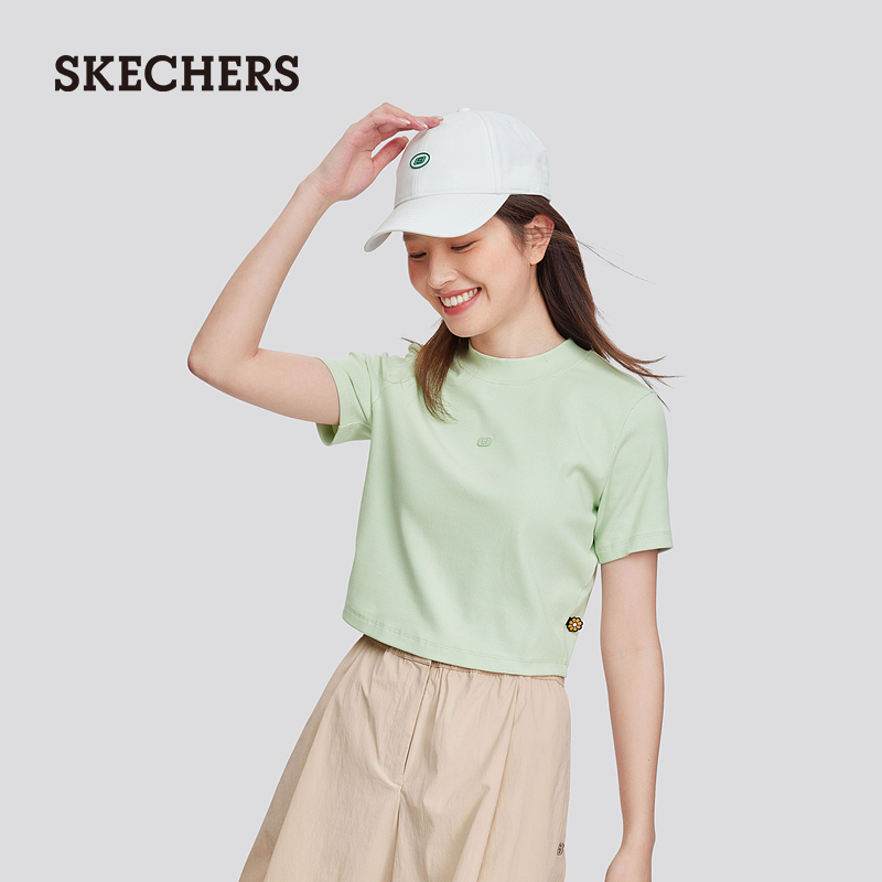 Skechers斯凯奇2024年夏季新款女款短袖圆领碳黑色舒适修身T恤 - 图2