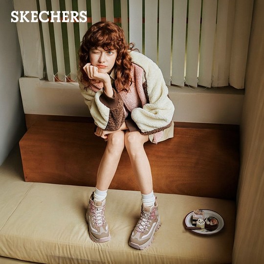 斯凯奇蜜糕鞋冬女黑色老爹鞋高帮鞋厚底增高鞋休闲运动鞋保暖棉鞋