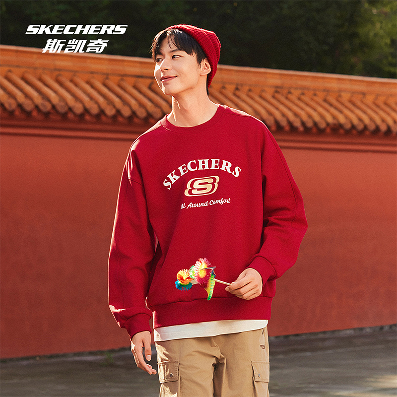 红色战袍斯凯奇冬男女款加绒保暖印花卫衣上衣时尚百搭长袖打底衫 - 图1