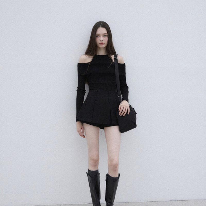 韩国labelleblanc法式假两件一字肩针织衫毛衣女秋季修身露肩上衣,淘宝优惠券,粉丝福利购,淘宝优惠卷