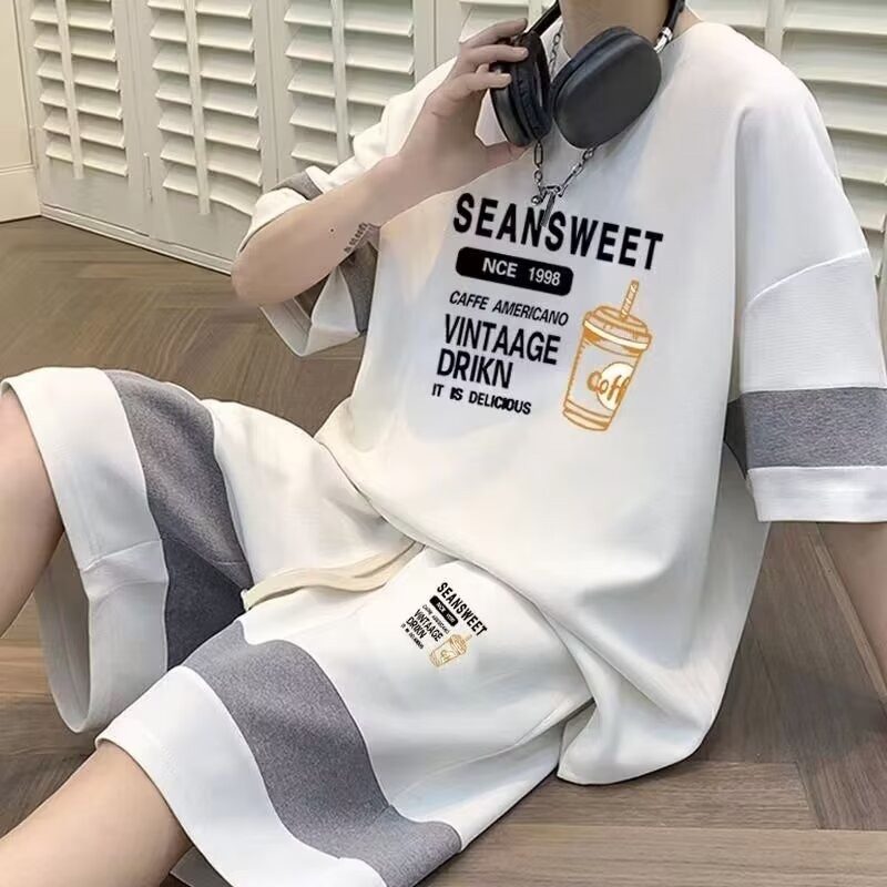 夏季休闲套装男学生华夫格短袖t恤大码青少年潮流宽松运动五分裤,淘宝优惠券,粉丝福利购,淘宝优惠卷