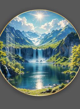 卧室床头聚宝盆晶瓷风景山水画挂画客厅流水圆形瀑布背景墙沙发