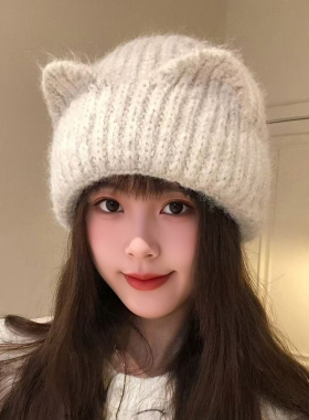 秋冬可爱猫耳针织保暖帽显脸小