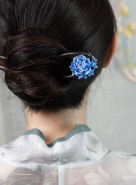 【荼锦】黑檀木牡丹花头饰簪子古装汉服盘发发簪发饰发钗U型简约