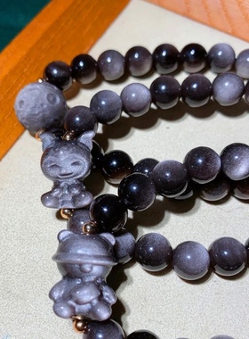 新品银曜石陨石珠手串女款银曜石醒狮太空人背包熊天使熊陨石手串