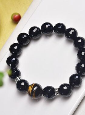 天然黑玛瑙手链黑色水晶128刻面手串男女款情侣串珠生日礼物饰品
