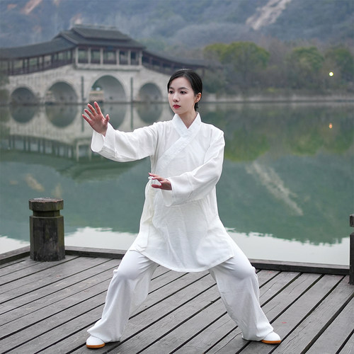 2023新款斜领直袖太极服女男春夏季亚麻棉太极拳练功服武术表演服 - 图2