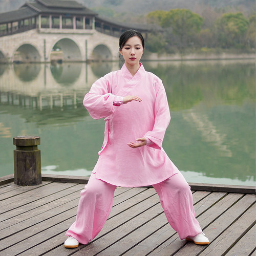 2023新款斜领绑袖太极服女男春夏季亚麻棉太极拳练功服武术表演服 - 图3
