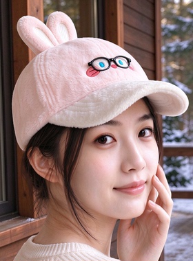 秋冬可爱毛绒兔耳朵保暖棒球帽女