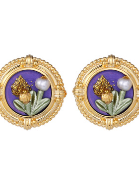 新款爆款中古珐琅彩紫郁金香耳环金色玫瑰花油画耳钉天然淡水珍珠