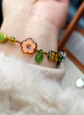小坐手作 | 原创全进口捷克琉璃古董珠琥珀山竹花手链女生礼物