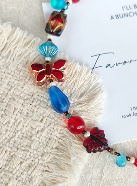 小坐手作 | 原创全进口捷克琉璃蓝红蝴蝶古董珠蝴蝶手链女生礼物
