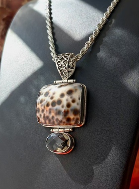 意大利精工扭花项链茶晶天然宝石镶嵌925纯银吊坠中古首饰古着