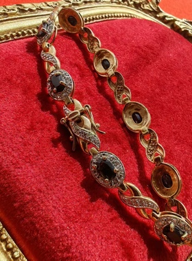 台湾出口创汇Pt镀金925纯银深蓝宝石厚实爪镶手链中古着首饰回流