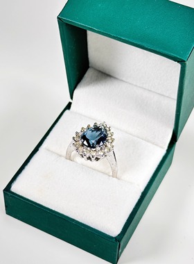 蓝水晶宝石镶钻戒指圈口15号西洋古董银器中古首饰古着vintage