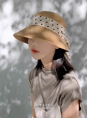 法式优雅卷边草帽女夏季户外出游波点蝴蝶结飘带百搭宽帽檐防晒帽