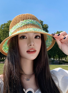 夏季镂空遮阳帽花朵清新防晒草帽女海边度假草编盆帽沙滩渔夫帽子