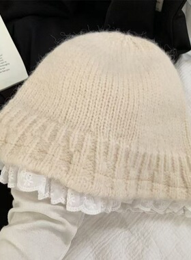 保暖盆帽女毛线小显脸百搭蕾丝花边针织甜美韩系渔夫帽子秋冬季潮