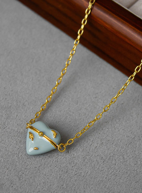 HY家遗憾系列爱心珐琅盒子项链 小众开合立体滴釉桃心长款毛衣链