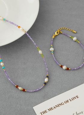 夏季爆款淡水珍珠项链新中式气质清新紫色串珠淡水珍珠手链锁骨链