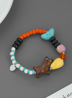 ITZM*家小丑狗手链 新西兰小众个性多巴胺撞色黑玛瑙串珠小狗