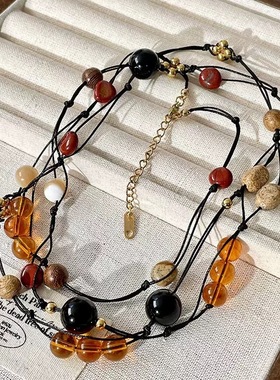 吴昕同款水晶串珠项链 冬季新中式编织彩色双层叠戴锁骨链毛衣链