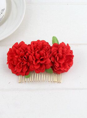 唯美风舞蹈新娘红色花朵合金发梳