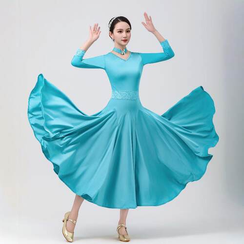摩登舞交际舞女新款国标舞拉丁舞华尔兹大摆连衣裙练习比赛表演服 - 图0