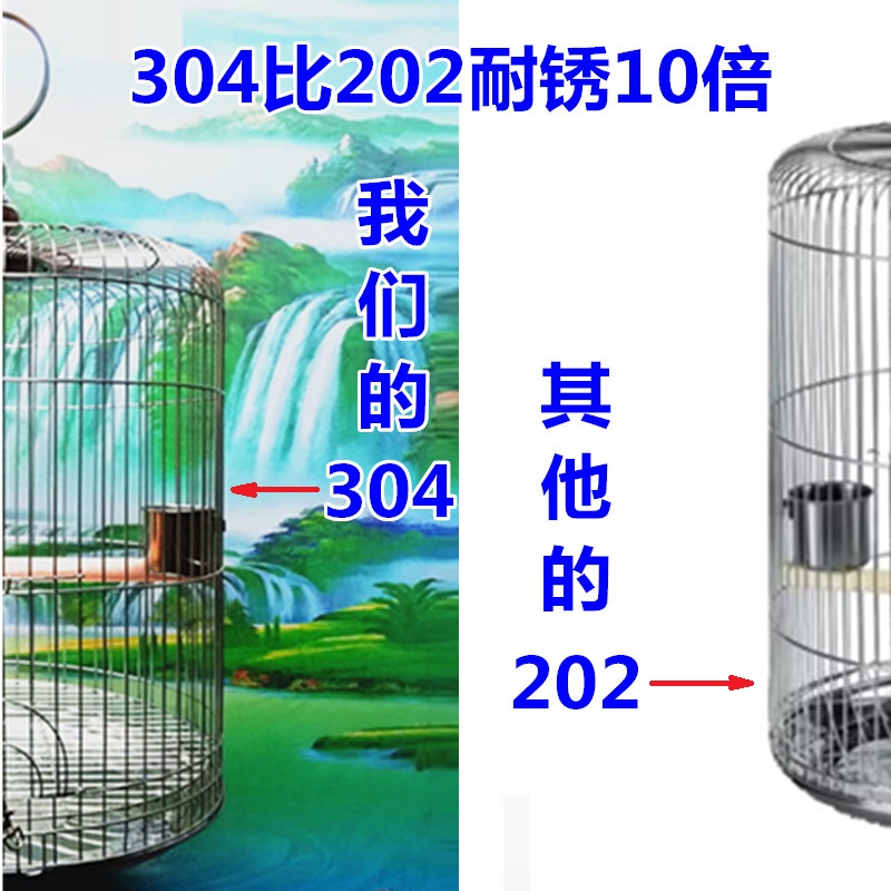 !304不锈钢大中小型号圆形八鹩哥画眉玄凤鹦鹉虎皮洗澡鸟笼子包邮 - 图1