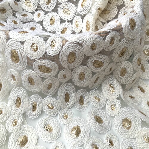 春夏秋冬新品毛线盘带亮片立体花蕾丝网纱面料 服装布料礼服外套 - 图0