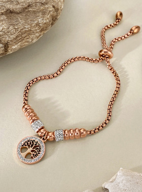 欧美港式钛钢镶钻生命树手链女士个性气质简约可调节玫瑰金手链女