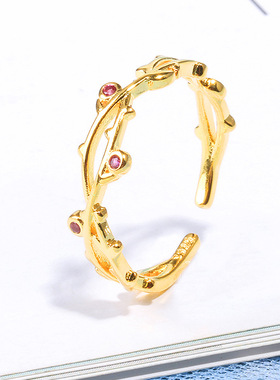 文艺风镶钻树枝开口可调节戒指