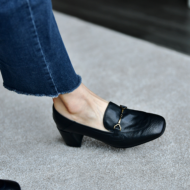 皮厚先生 真皮金属扣乐福鞋粗跟单鞋高跟鞋通勤女鞋大码 - 图0