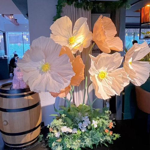 巨型纸花花艺虞美人仿真花香槟色网红花背景网红打卡布置仿真纸花 - 图2