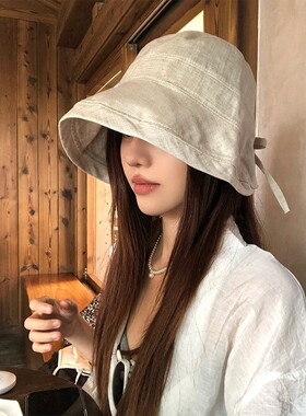 秋季女新款日系渔夫帽亚麻帽子纯色简约保暖显脸小大帽檐百搭盆帽
