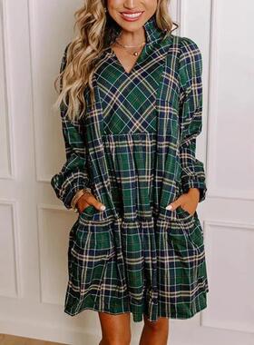 Women's Plaid Mini Dress with Pockets Elegant Long Sve