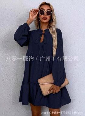 Women's Tie Split Neck Smocked Detail Long Lantern Sve