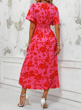 Women's Leaf Print V Neck Dress, Elegant Boho Fashion Casual