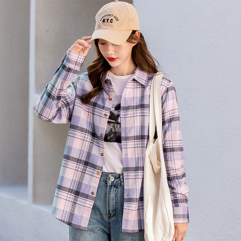 纯棉格子长袖春夏宽松复古港味衬衫 碧雅服饰衬衫