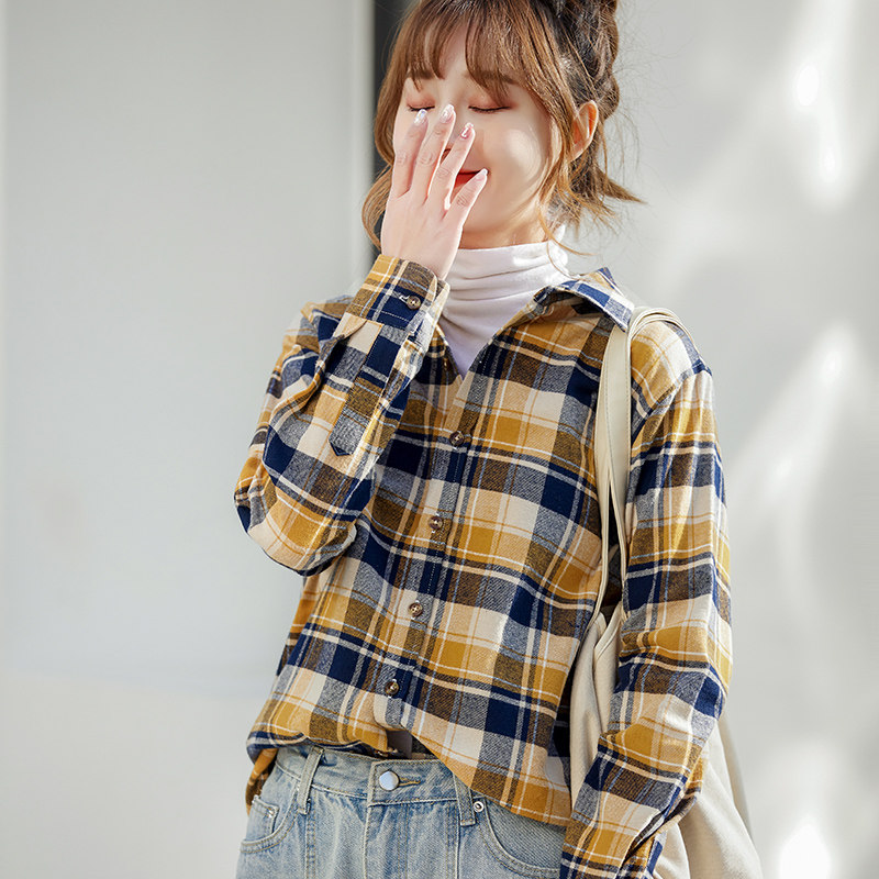 纯棉格子长袖春夏宽松复古港味衬衫 碧雅服饰衬衫