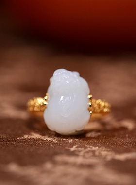 苏工纯手工18k金镶嵌新疆和田玉羊脂白玉貔貅戒指女款指环