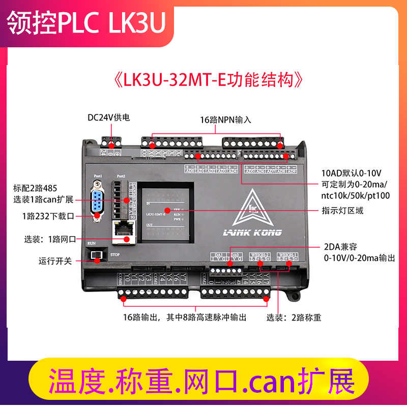 国产PLC工控板FX3U 领控LK3U-32MT 48MR10AD2DA 8轴2路称重控制器 - 图2