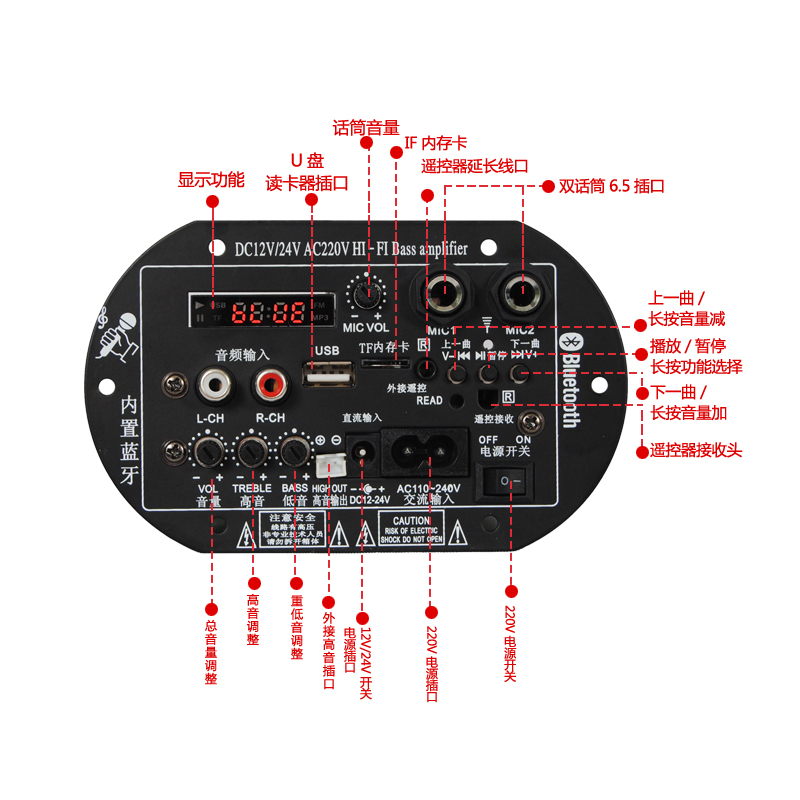 双话筒带显示大功率蓝牙功放板12V24V220V蓝牙低音炮功放板主板 - 图2