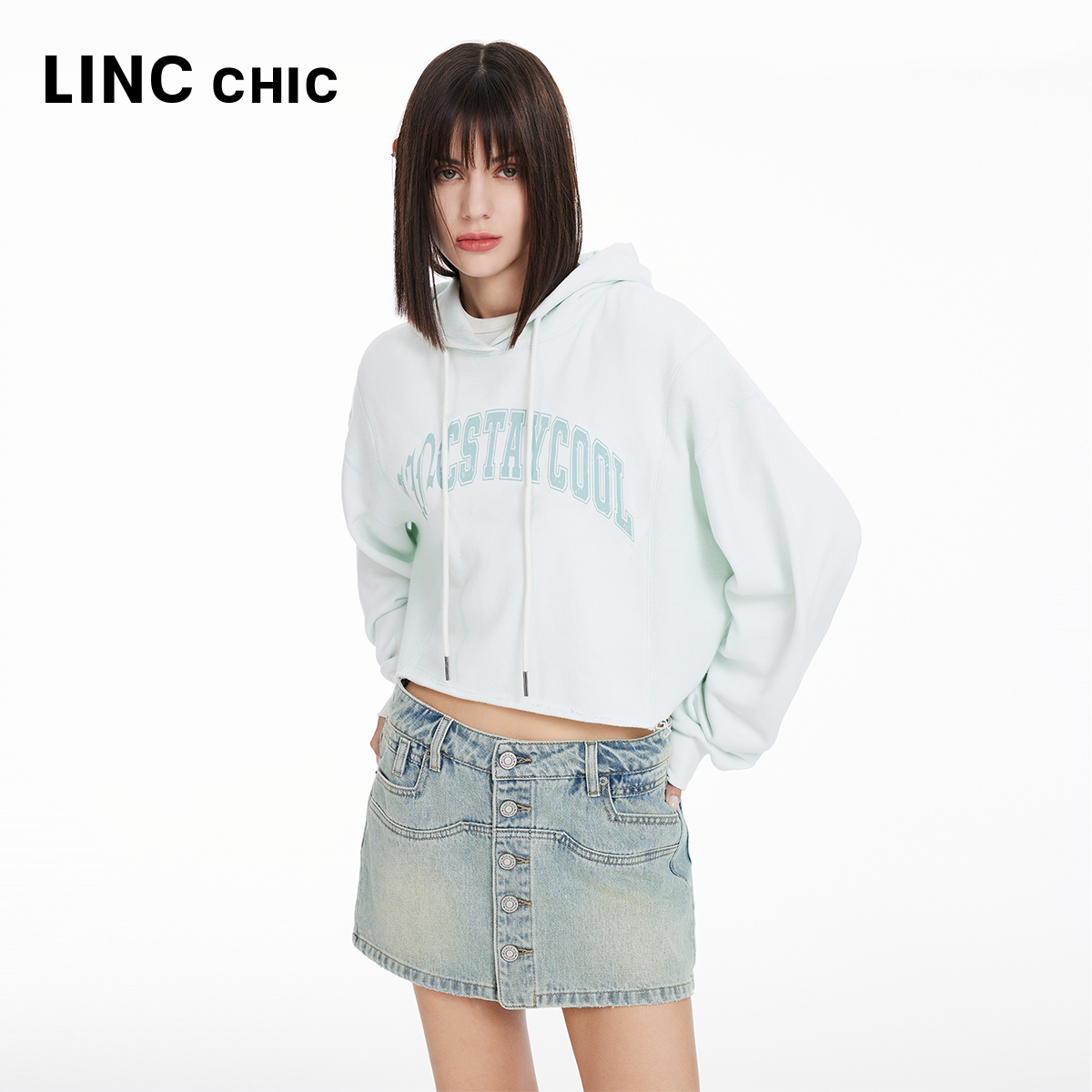 LINCCHIC金羽杰2024年春季新品落肩学院哥特感连帽卫衣女HD158Y