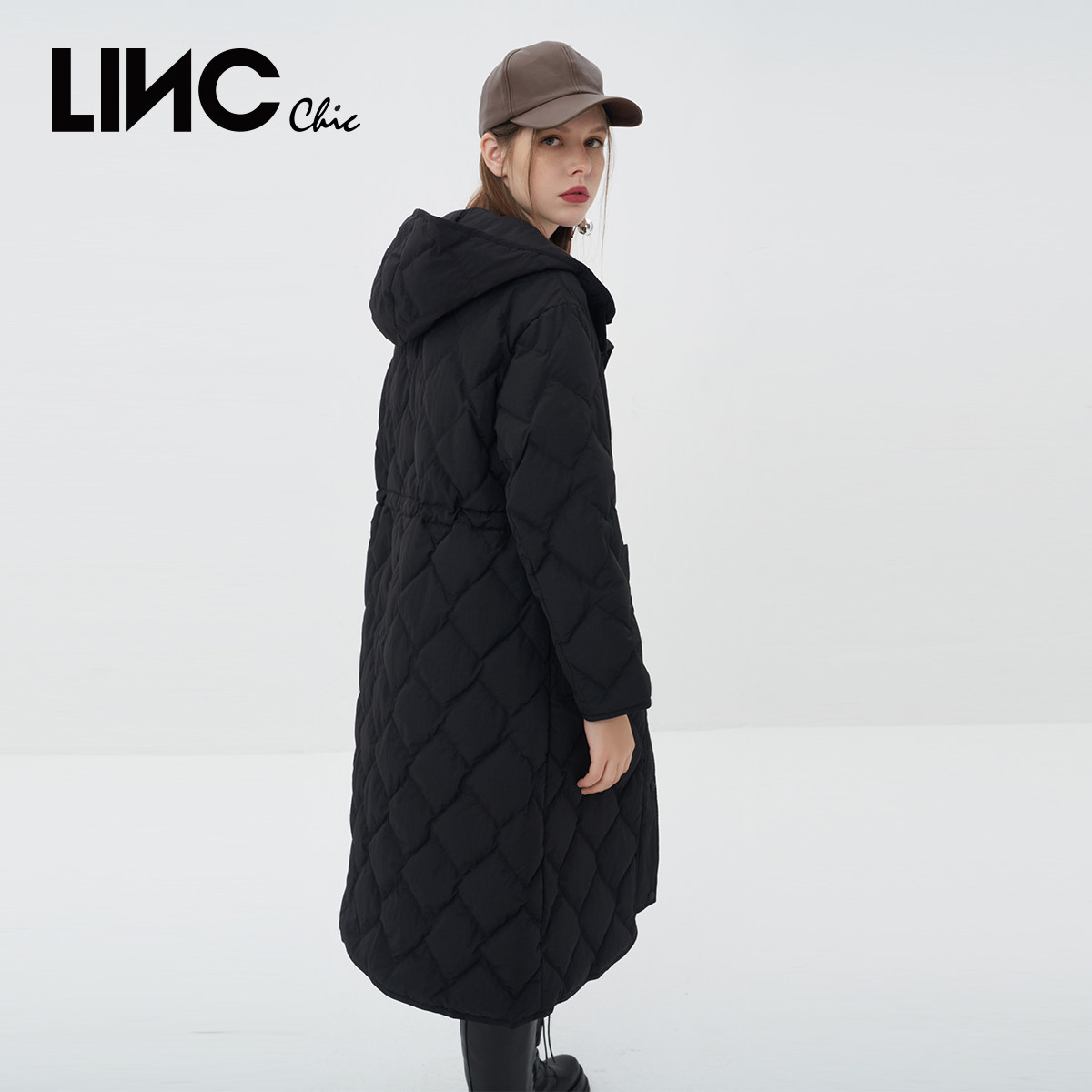 LINCCHIC金羽杰羽绒服风衣感连帽简约长款羽绒服女反季Y22808207