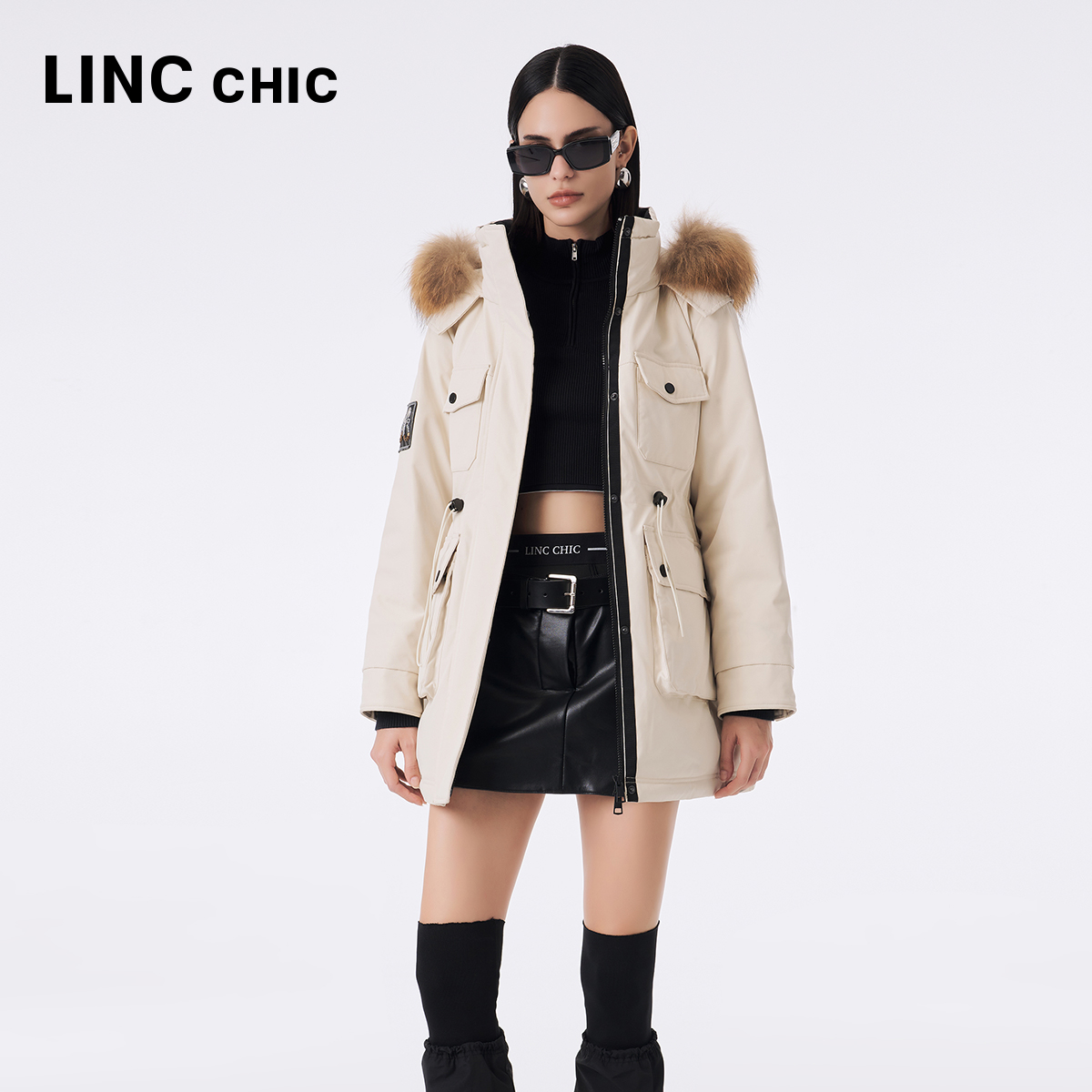 LINCCHIC金羽杰羽绒服女中长款23秋冬新品都市机能派克大毛领3281