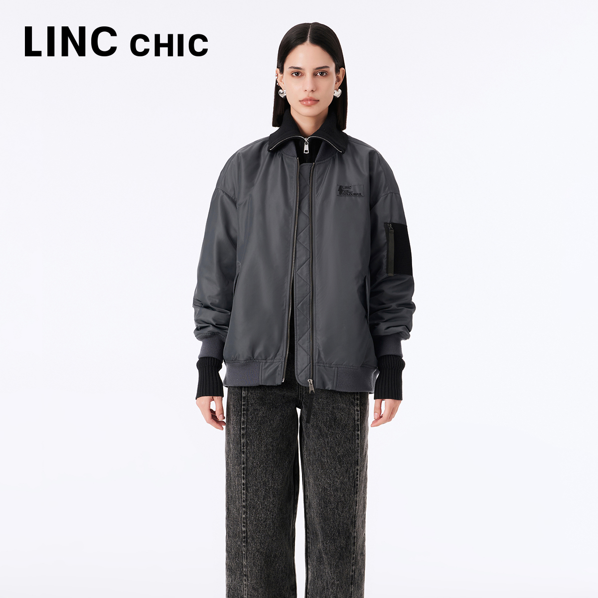 LINC金羽杰羽绒服女短款2023年秋新款大廓形飞行员夹克Y23802319