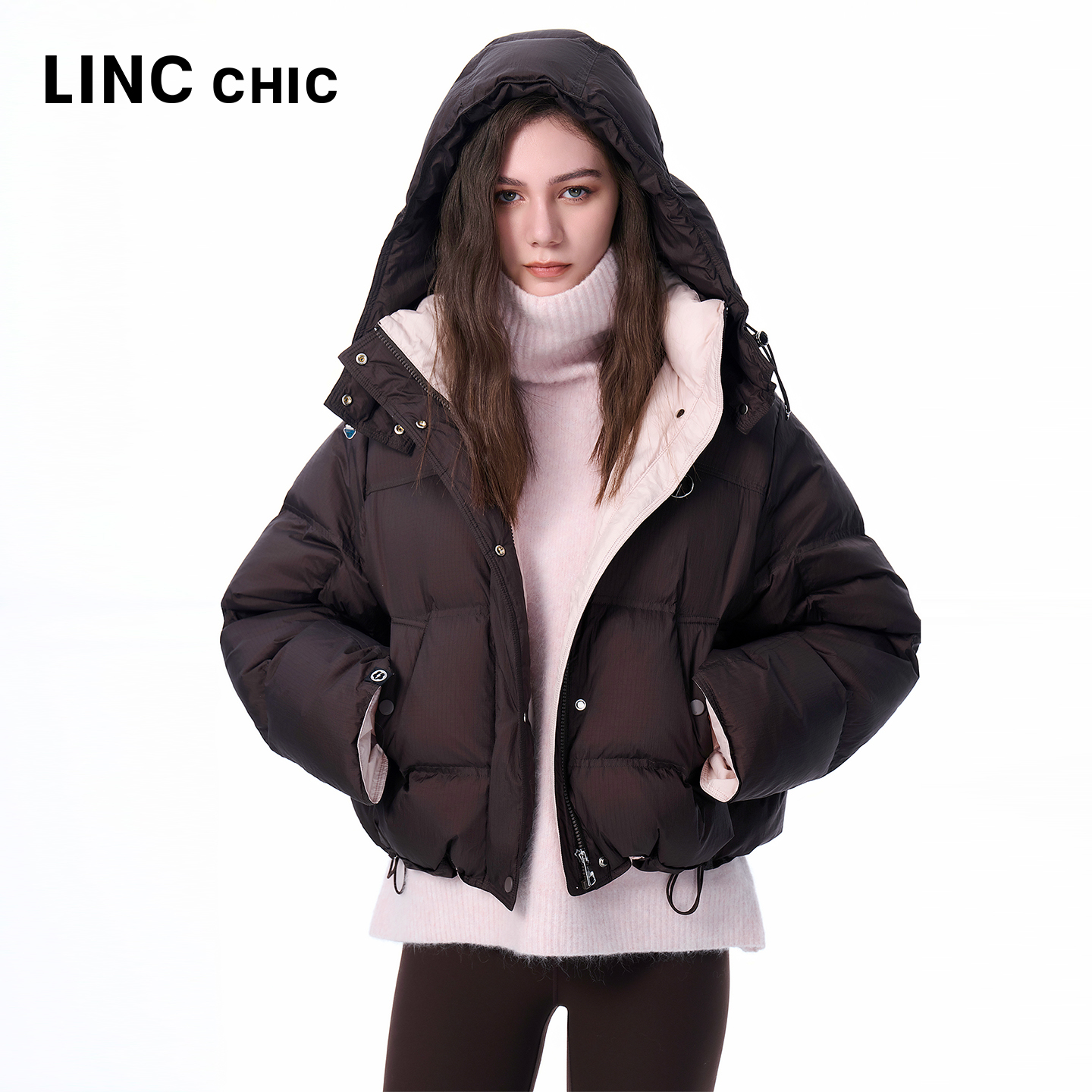 LINCCHIC金羽杰2025年冬季新款羽绒服落肩围裹感连帽羽绒服女1188